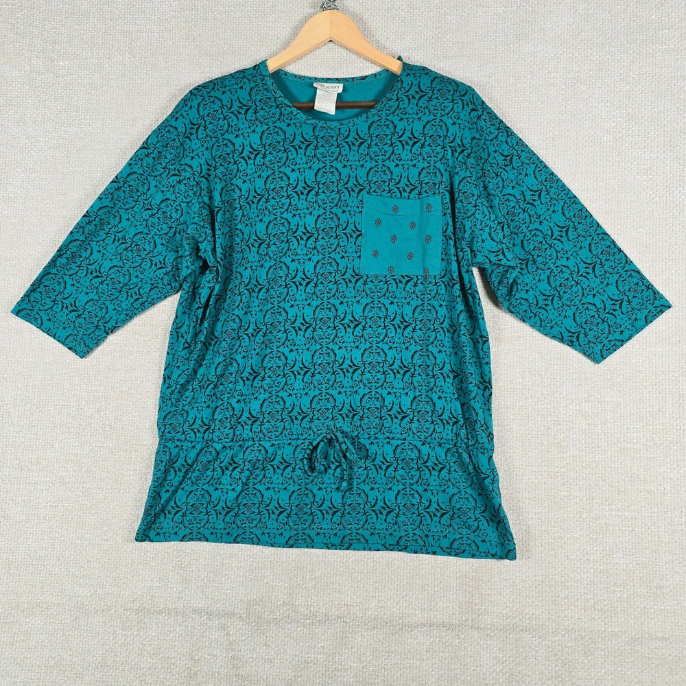 DB Sport David Benjamin Vintage Shirt M Teal Damask Cinch Waist‎ Drawstring Top